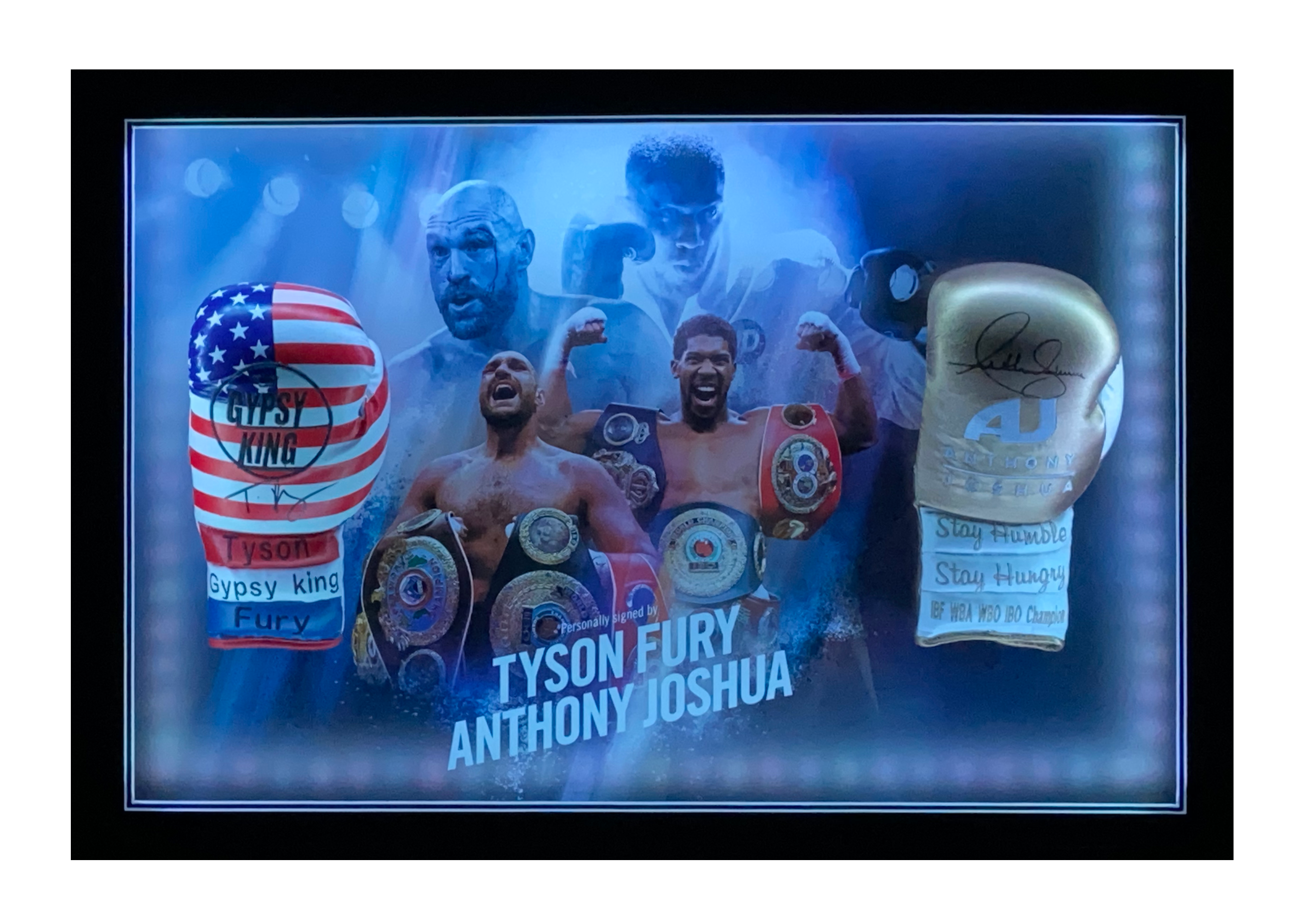 Tyson Fury And Anthony Joshua Signed Replica Gloves Display