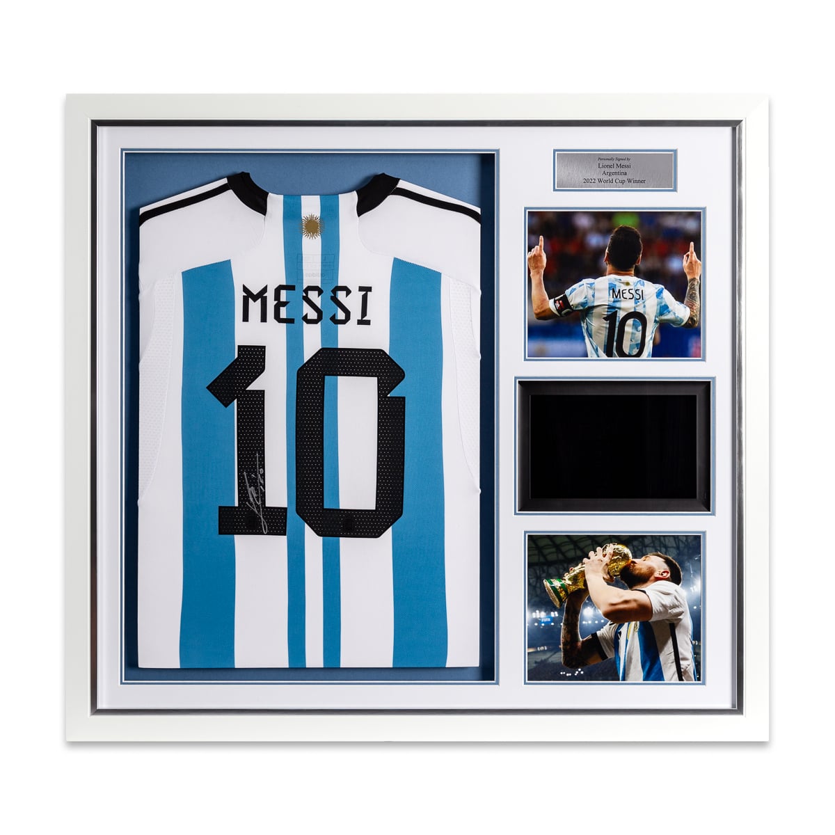 Lionel Messi Signed Replica Argentina Shirt Framed Sponsor Style With TV Display and LED Lights