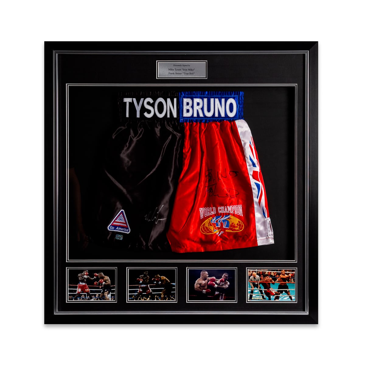 Mike Tyson and Frank Bruno Signed Replica Shorts With Picture Display